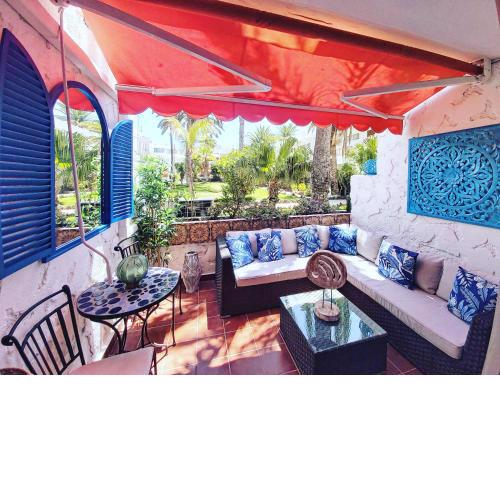 Tropical garden view with pool